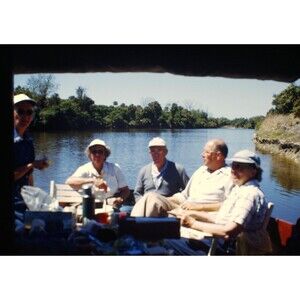 Kodak Slide 1950s Red Border Kodachrome Friends Enjoying Lunch On a Boat